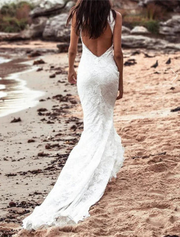 NumberSea - Beach Open Back Boho Wedding Dresses Mermaid / Trumpet Halter Sleeveless Chapel Train Lace Bridal Gowns With Appliques Solid Color Summer Fall Wedding Party