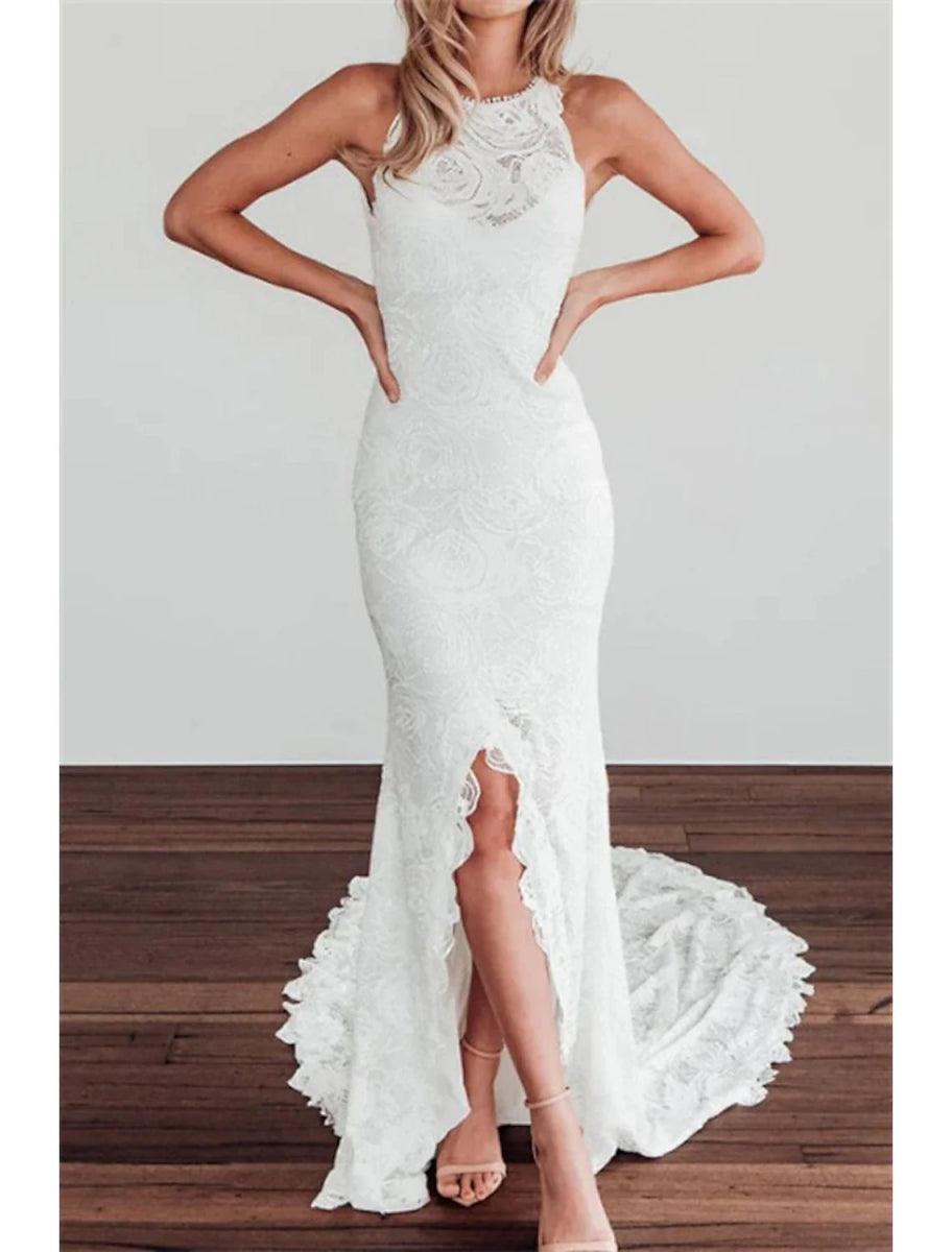 NumberSea - Beach Open Back Boho Wedding Dresses Mermaid / Trumpet Halter Sleeveless Chapel Train Lace Bridal Gowns With Appliques Solid Color Summer Fall Wedding Party