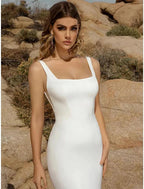 NumberSea - Beach Open Back Casual Wedding Dresses Mermaid / Trumpet Square Neck Sleeveless Court Train Stretch Fabric Bridal Gowns With Buttons Solid Color