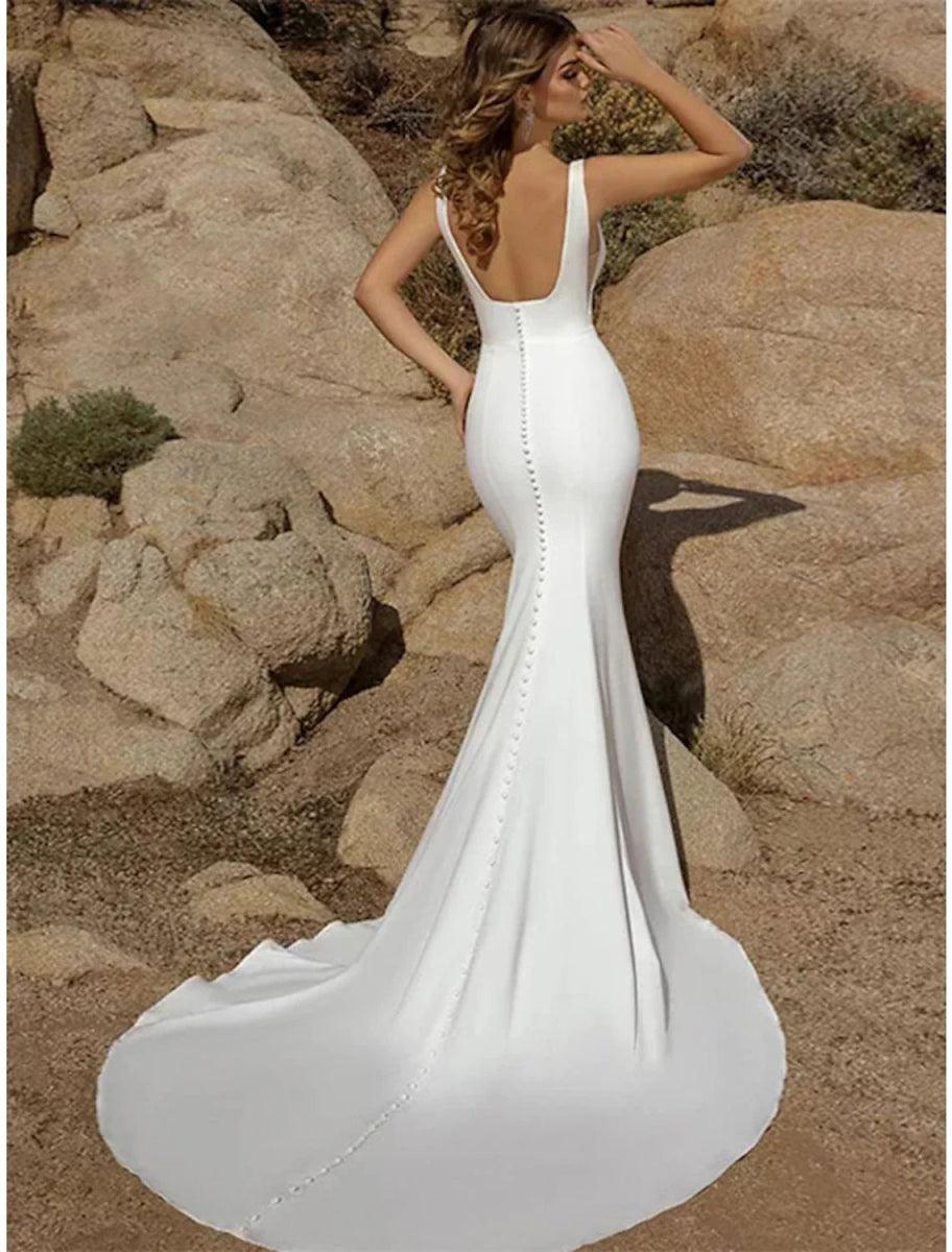 NumberSea - Beach Open Back Casual Wedding Dresses Mermaid / Trumpet Square Neck Sleeveless Court Train Stretch Fabric Bridal Gowns With Buttons Solid Color
