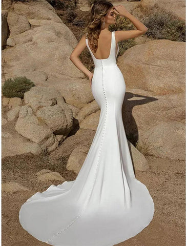 NumberSea - Beach Open Back Casual Wedding Dresses Mermaid / Trumpet Square Neck Sleeveless Court Train Stretch Fabric Bridal Gowns With Buttons Solid Color