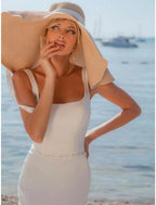 NumberSea - Beach Open Back Casual Wedding Dresses Sweep / Brush Train Mermaid / Trumpet Sleeveless Square Satin With Buttons Beading