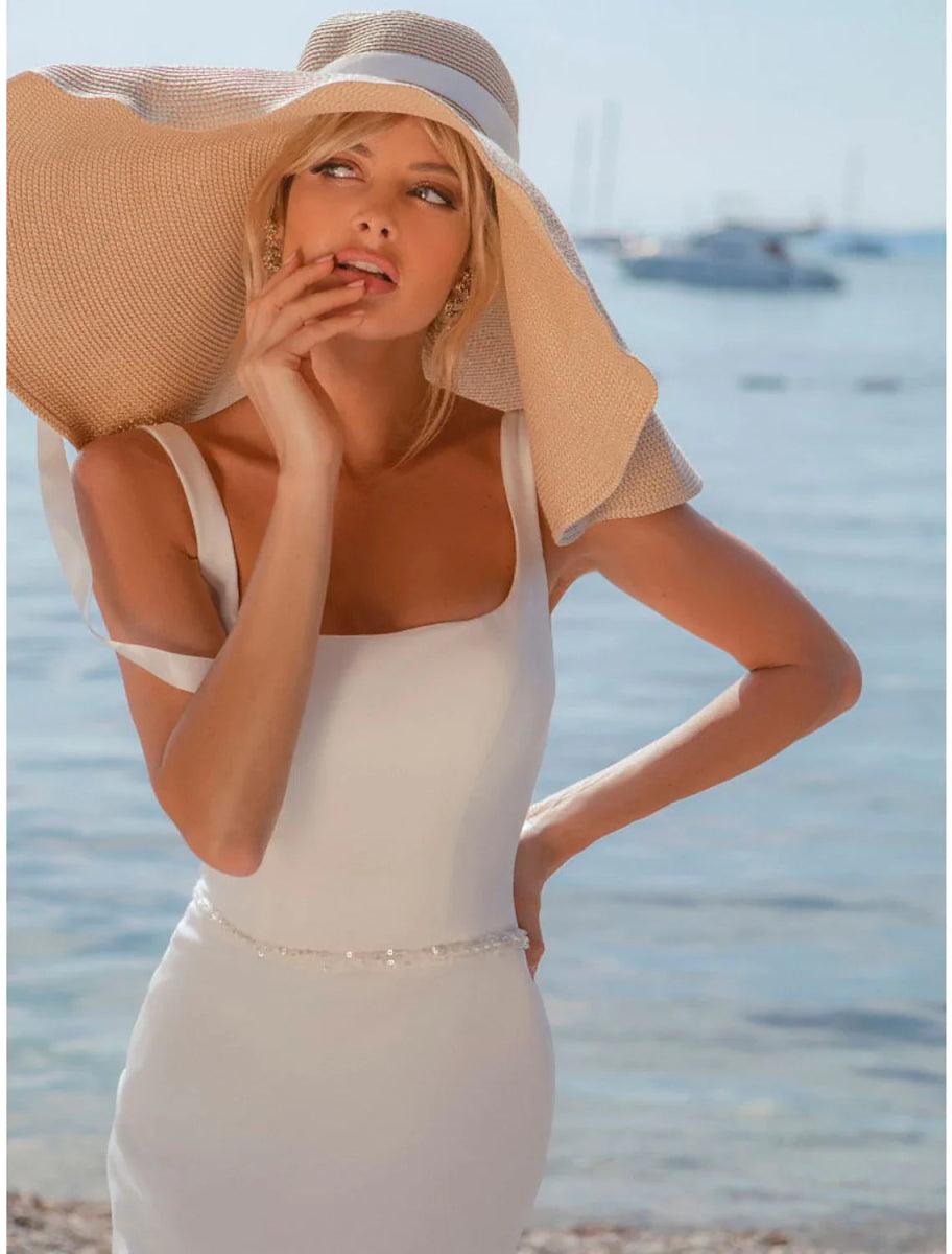 NumberSea - Beach Open Back Casual Wedding Dresses Sweep / Brush Train Mermaid / Trumpet Sleeveless Square Satin With Buttons Beading