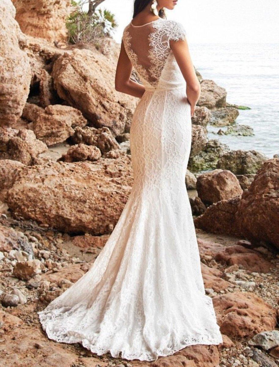 NumberSea - Beach Open Back Mature Wedding Dresses Mermaid / Trumpet V Neck Cap Sleeve Sweep / Brush Train Lace Bridal Gowns With Appliques Solid Color