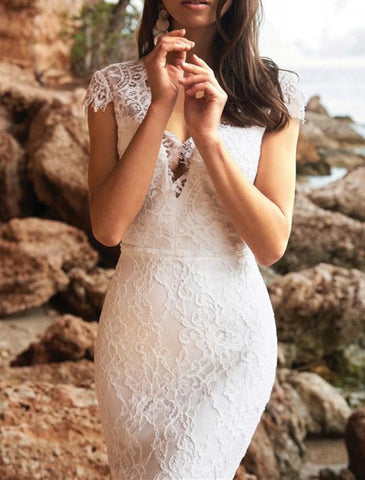 NumberSea - Beach Open Back Mature Wedding Dresses Mermaid / Trumpet V Neck Cap Sleeve Sweep / Brush Train Lace Bridal Gowns With Appliques Solid Color