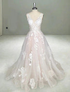 NumberSea - Beach Open Back Sexy A - Line V Neck Sleeveless Court Train Lace Bridal Gowns With Wedding Dresses