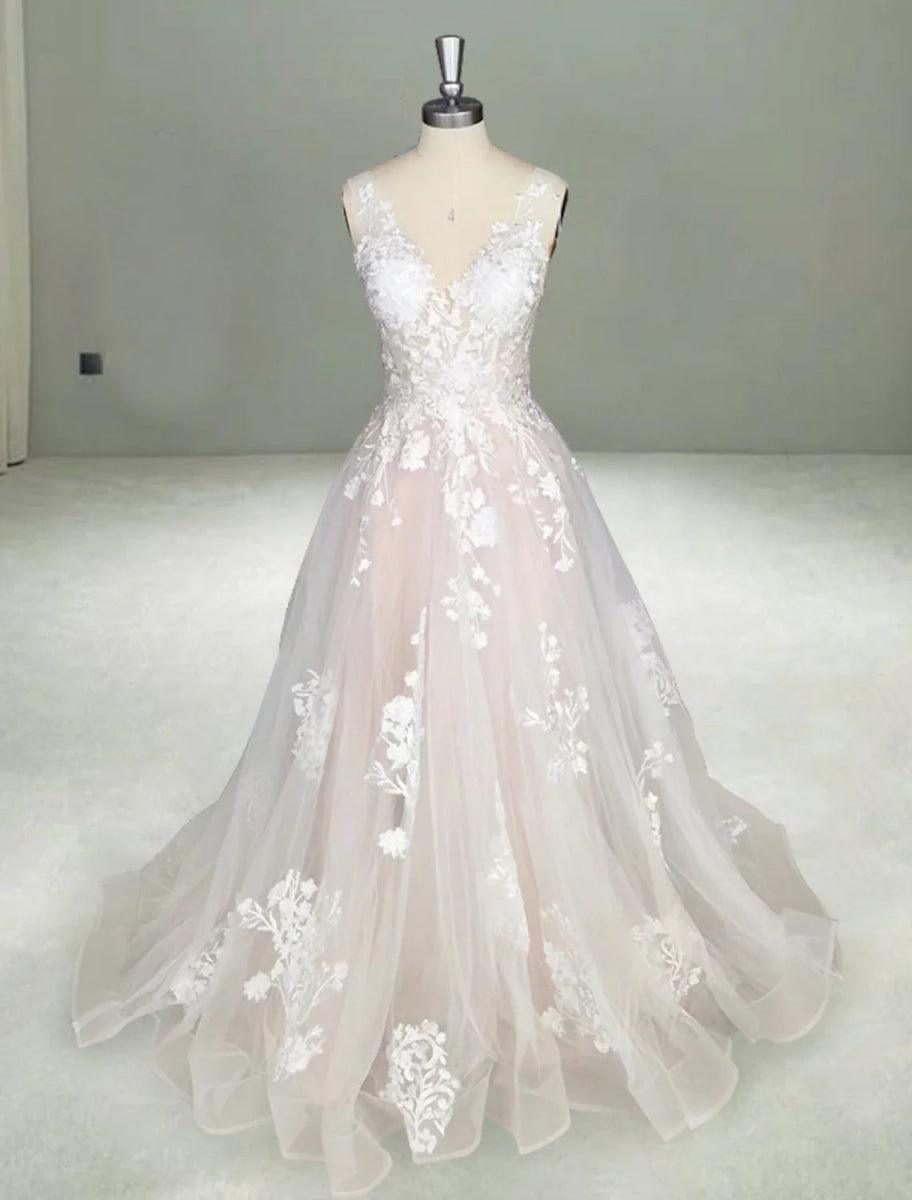 NumberSea - Beach Open Back Sexy A - Line V Neck Sleeveless Court Train Lace Bridal Gowns With Wedding Dresses