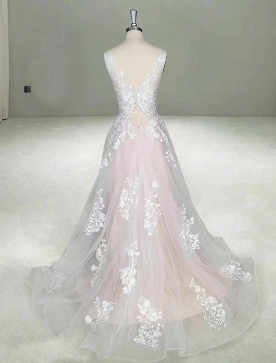 NumberSea - Beach Open Back Sexy A - Line V Neck Sleeveless Court Train Lace Bridal Gowns With Wedding Dresses
