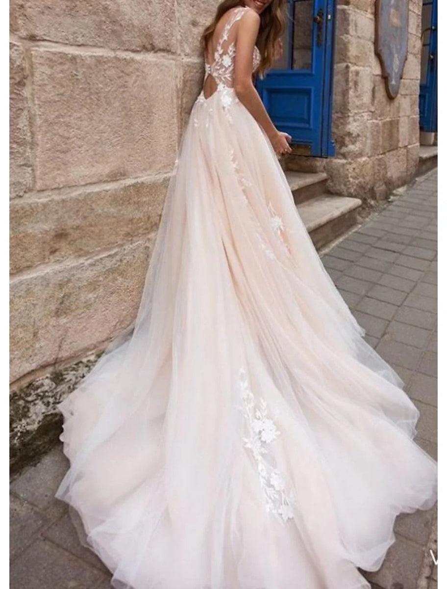 NumberSea - Beach Open Back Sexy A - Line V Neck Sleeveless Court Train Lace Bridal Gowns With Wedding Dresses