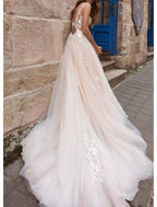 NumberSea - Beach Open Back Sexy A - Line V Neck Sleeveless Court Train Lace Bridal Gowns With Wedding Dresses