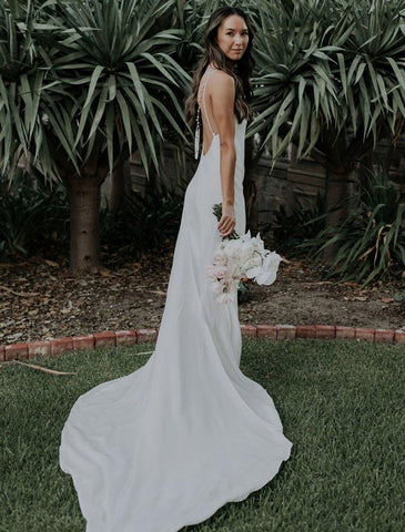 NumberSea - Beach Open Back Sexy Casual Wedding Dresses Court Train Mermaid / Trumpet Sleeveless Spaghetti Strap V Neck Stretch Fabric With Pearls