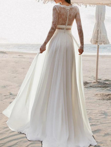 NumberSea - Beach Open Back V Neck Sleeveless Floor Length Chiffon Bridal Gowns With Pleats Wedding Dresses&nbsp;