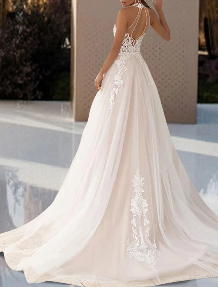 NumberSea - Beach Open Back Wedding Dresses A - Line Halter Neck Sleeveless Court Train Lace Bridal Gowns With Pleats Appliques