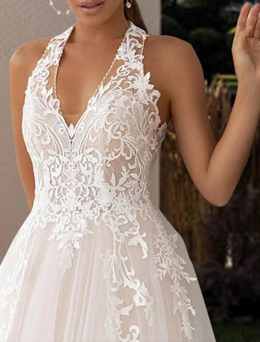 NumberSea - Beach Open Back Wedding Dresses A - Line Halter Neck Sleeveless Court Train Lace Bridal Gowns With Pleats Appliques