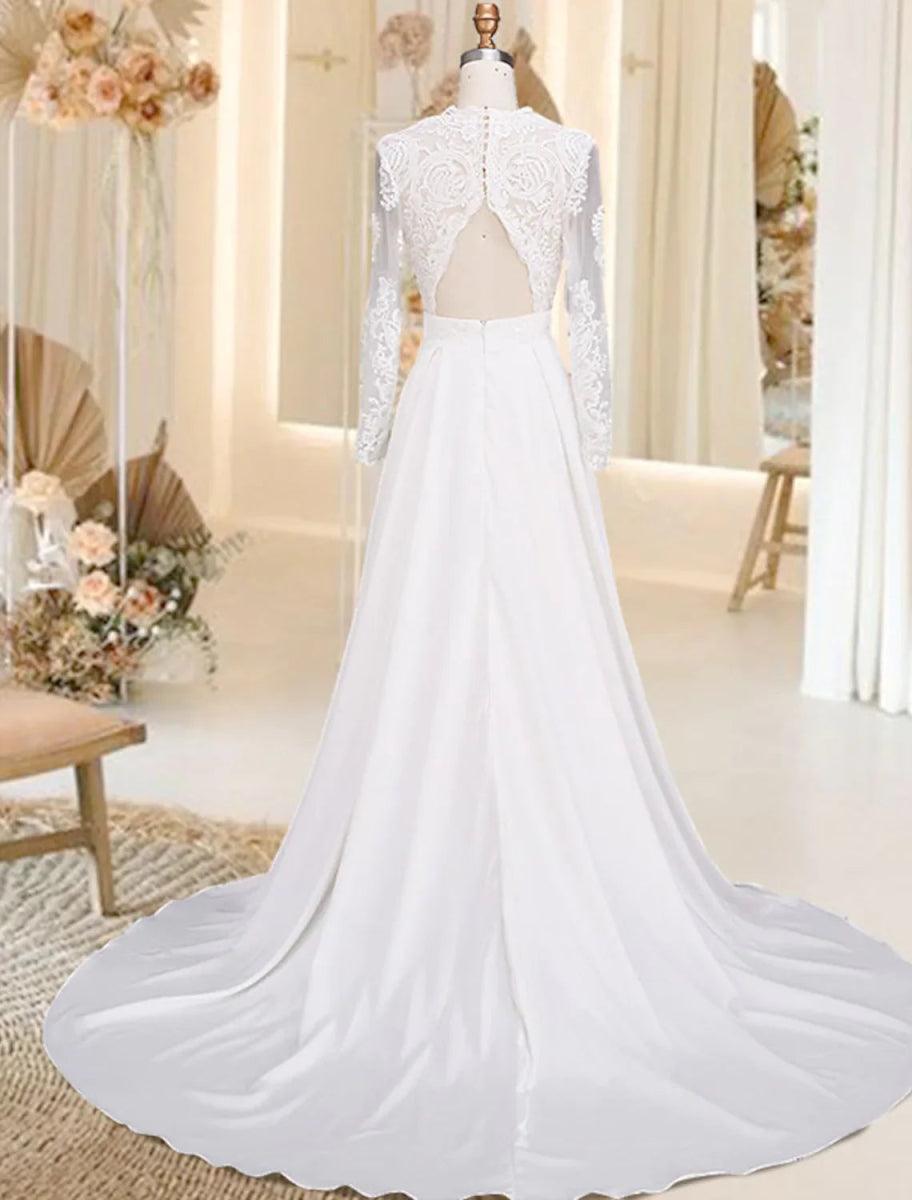 NumberSea - Beach Open Back Wedding Dresses Court Train A - Line Long Sleeve V Neck Satin With Appliques