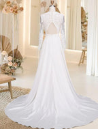 NumberSea - Beach Open Back Wedding Dresses Court Train A - Line Long Sleeve V Neck Satin With Appliques