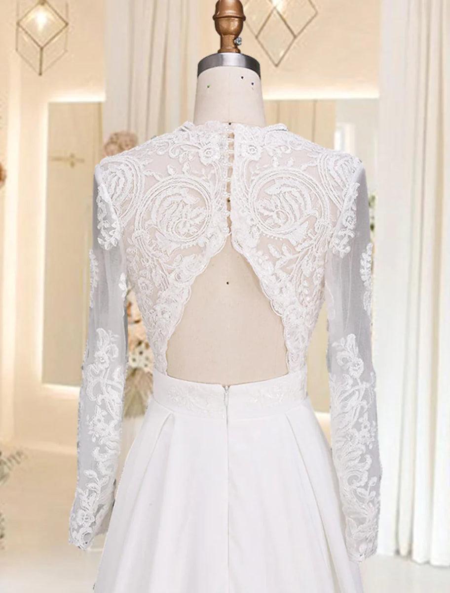 NumberSea - Beach Open Back Wedding Dresses Court Train A - Line Long Sleeve V Neck Satin With Appliques