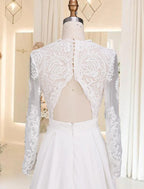 NumberSea - Beach Open Back Wedding Dresses Court Train A - Line Long Sleeve V Neck Satin With Appliques