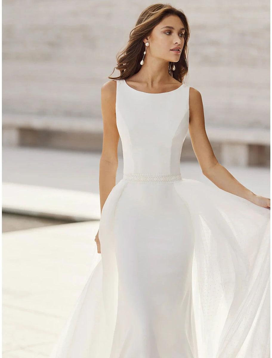 NumberSea - Beach Open Back Wedding Dresses Mermaid / Trumpet Scoop Neck Sleeveless Court Train Satin Bridal Suits Bridal Gowns With Appliques