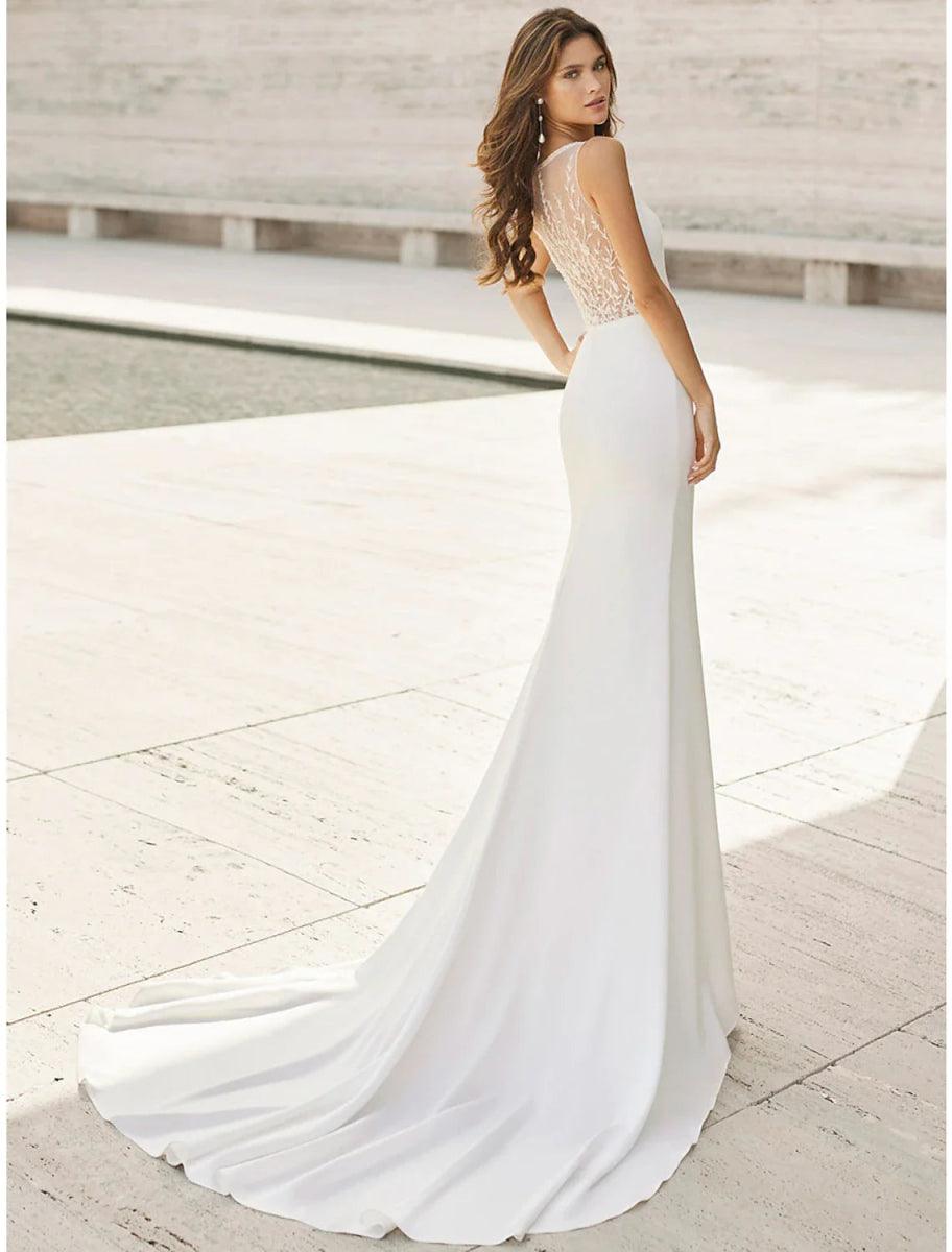 NumberSea - Beach Open Back Wedding Dresses Mermaid / Trumpet Scoop Neck Sleeveless Court Train Satin Bridal Suits Bridal Gowns With Appliques