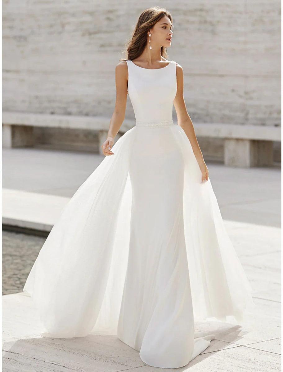 NumberSea - Beach Open Back Wedding Dresses Mermaid / Trumpet Scoop Neck Sleeveless Court Train Satin Bridal Suits Bridal Gowns With Appliques