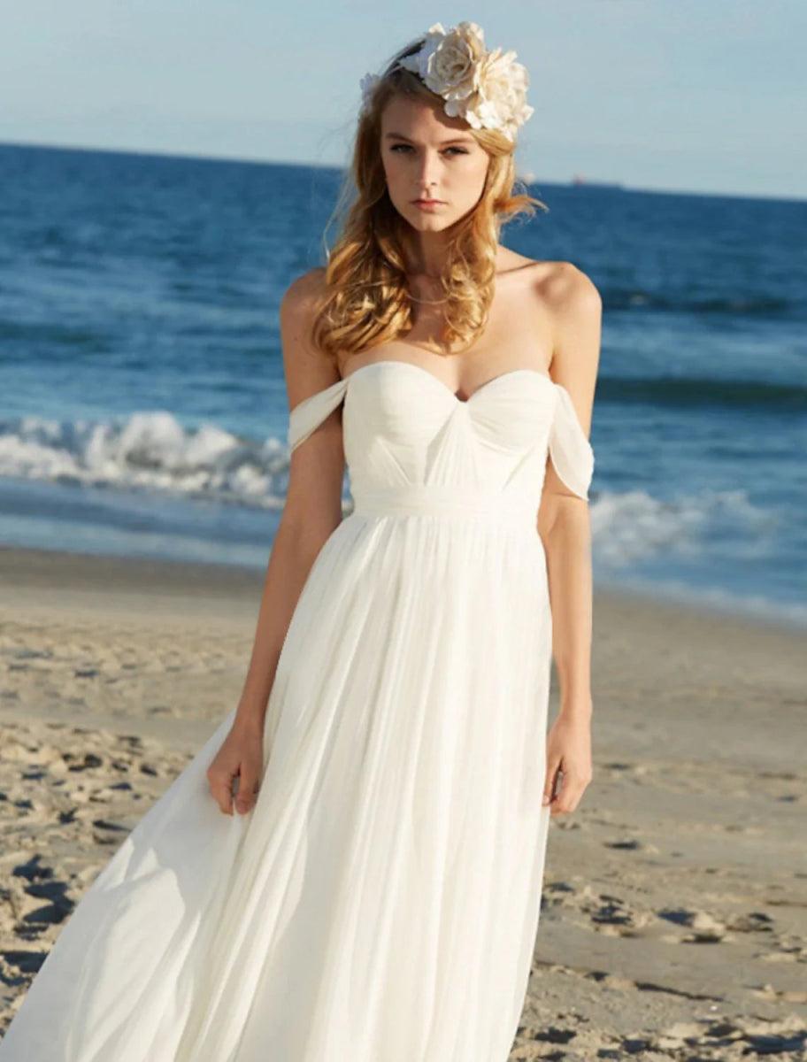 NumberSea - Beach Sexy Boho Wedding Dresses A - Line Off Shoulder Cap Sleeve Floor Length Chiffon Bridal Gowns With Pleats Solid Color