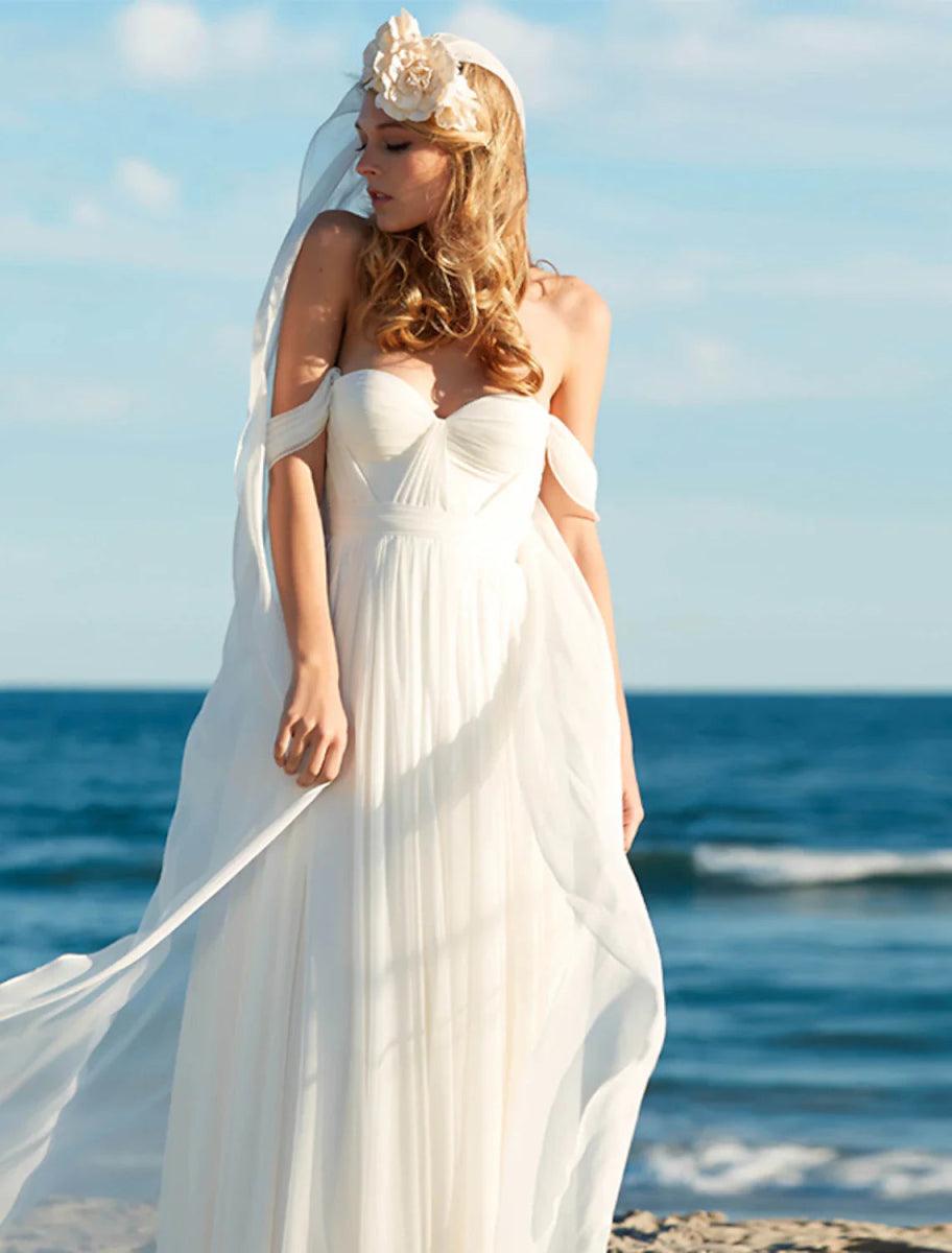 NumberSea - Beach Sexy Boho Wedding Dresses A - Line Off Shoulder Cap Sleeve Floor Length Chiffon Bridal Gowns With Pleats Solid Color