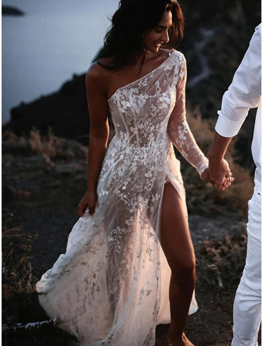 NumberSea - Beach Sexy Boho Wedding Dresses A - Line One Shoulder Long Sleeve Sweep / Brush Train Lace Bridal Gowns With Split Front