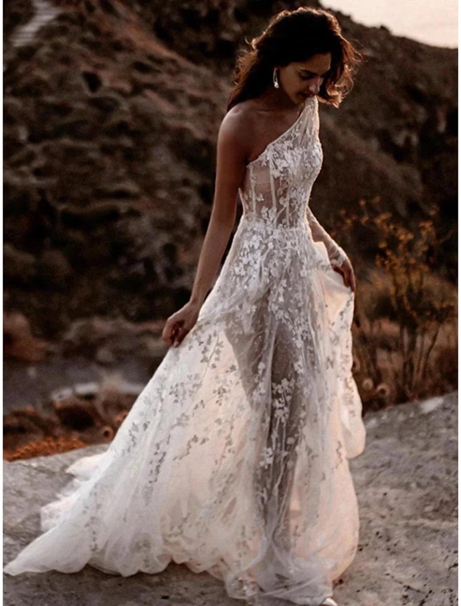NumberSea-Beach Sexy Boho Wedding Dresses A-Line One Shoulder Long Sleeve Sweep / Brush Train Lace Bridal Gowns With Split Front White NumberSea-Beach Sexy Boho Wedding Dresses A-Line One Shoulder Long Sleeve Sweep / Brush Train Lace Bridal Gowns With Split Front White