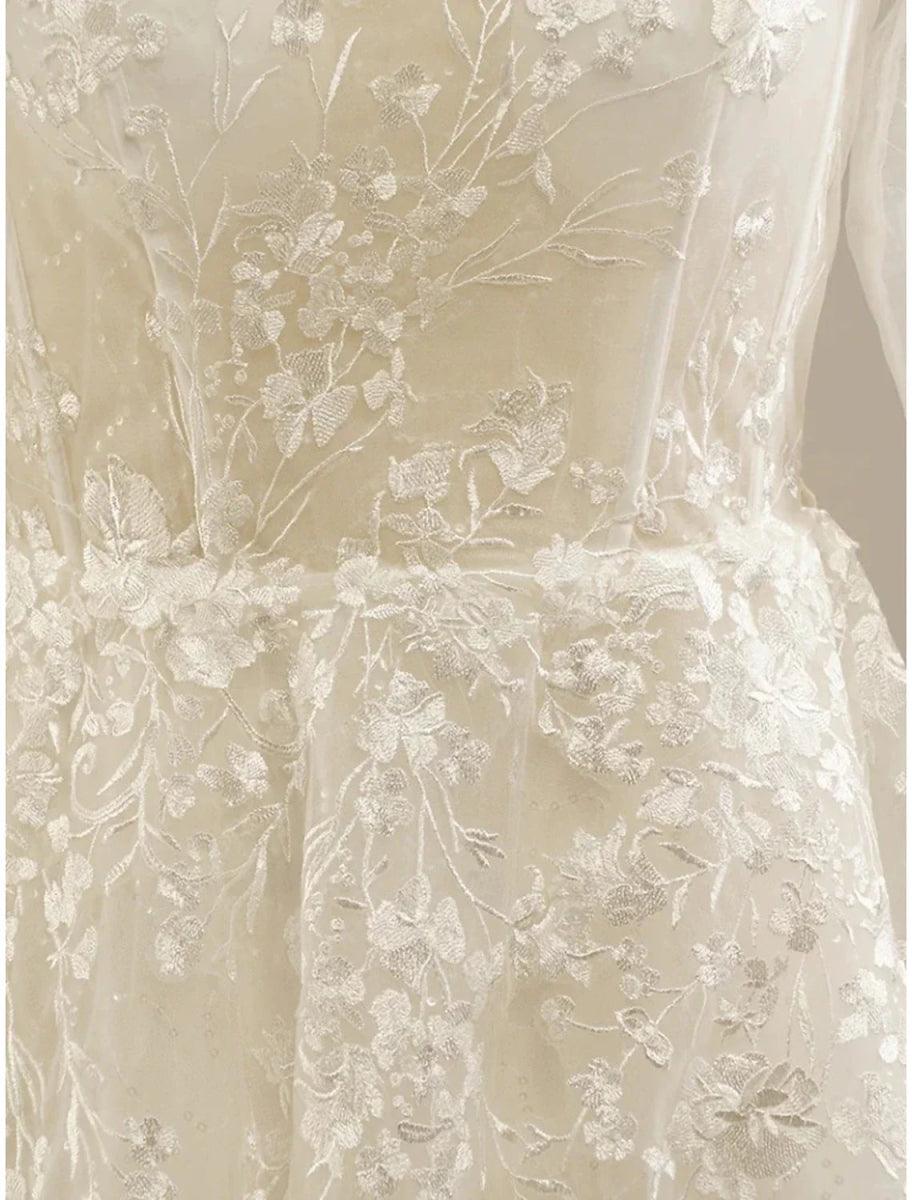 NumberSea - Beach Sexy Boho Wedding Dresses A - Line One Shoulder Long Sleeve Sweep / Brush Train Lace Bridal Gowns With Split Front