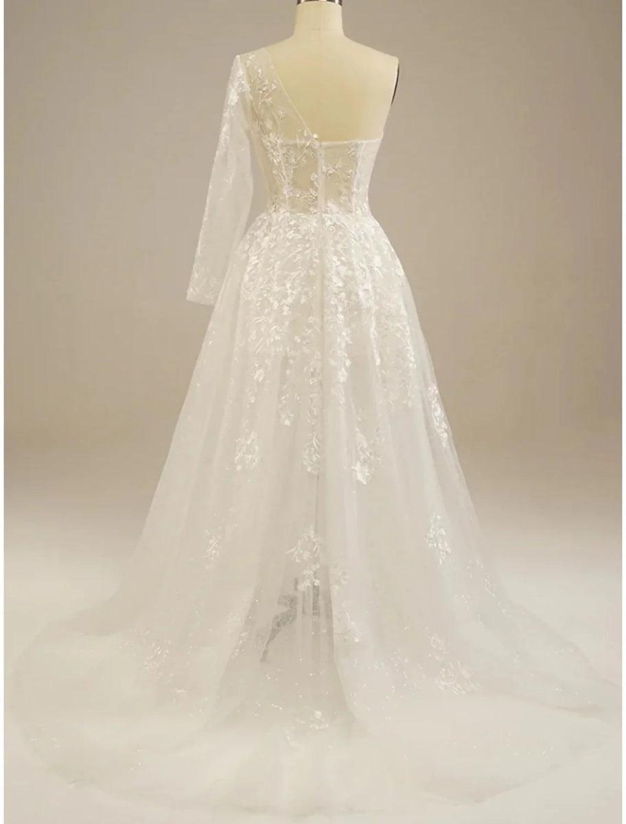 NumberSea - Beach Sexy Boho Wedding Dresses A - Line One Shoulder Long Sleeve Sweep / Brush Train Lace Bridal Gowns With Split Front