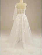 NumberSea - Beach Sexy Boho Wedding Dresses A - Line One Shoulder Long Sleeve Sweep / Brush Train Lace Bridal Gowns With Split Front