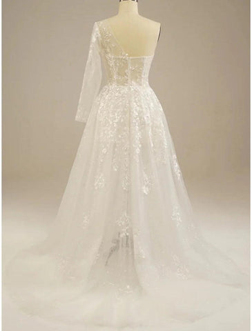 NumberSea - Beach Sexy Boho Wedding Dresses A - Line One Shoulder Long Sleeve Sweep / Brush Train Lace Bridal Gowns With Split Front