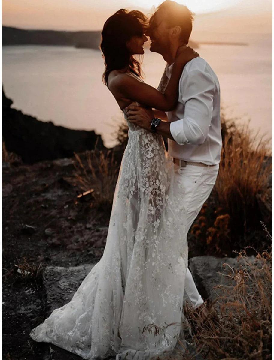 NumberSea - Beach Sexy Boho Wedding Dresses A - Line One Shoulder Long Sleeve Sweep / Brush Train Lace Bridal Gowns With Split Front