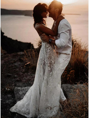 NumberSea - Beach Sexy Boho Wedding Dresses A - Line One Shoulder Long Sleeve Sweep / Brush Train Lace Bridal Gowns With Split Front