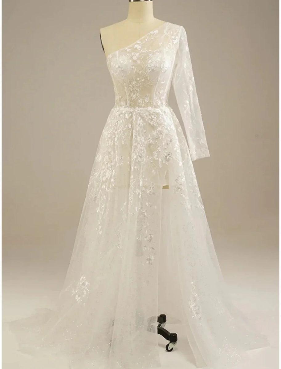 NumberSea - Beach Sexy Boho Wedding Dresses A - Line One Shoulder Long Sleeve Sweep / Brush Train Lace Bridal Gowns With Split Front