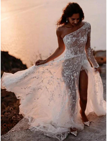NumberSea - Beach Sexy Boho Wedding Dresses A - Line One Shoulder Long Sleeve Sweep / Brush Train Lace Bridal Gowns With Split Front