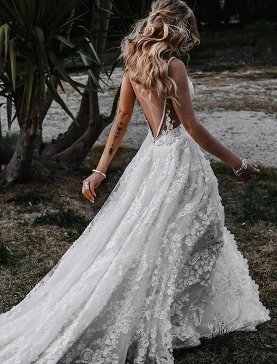 NumberSea - Beach Sexy Boho Wedding Dresses A - Line Sweetheart Camisole Spaghetti Strap Court Train Lace Outdoor Bridal Gowns With Appliques Split Front