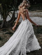 NumberSea - Beach Sexy Boho Wedding Dresses A - Line Sweetheart Camisole Spaghetti Strap Court Train Lace Outdoor Bridal Gowns With Appliques Split Front