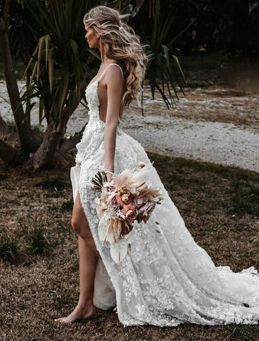 NumberSea - Beach Sexy Boho Wedding Dresses A - Line Sweetheart Camisole Spaghetti Strap Court Train Lace Outdoor Bridal Gowns With Appliques Split Front