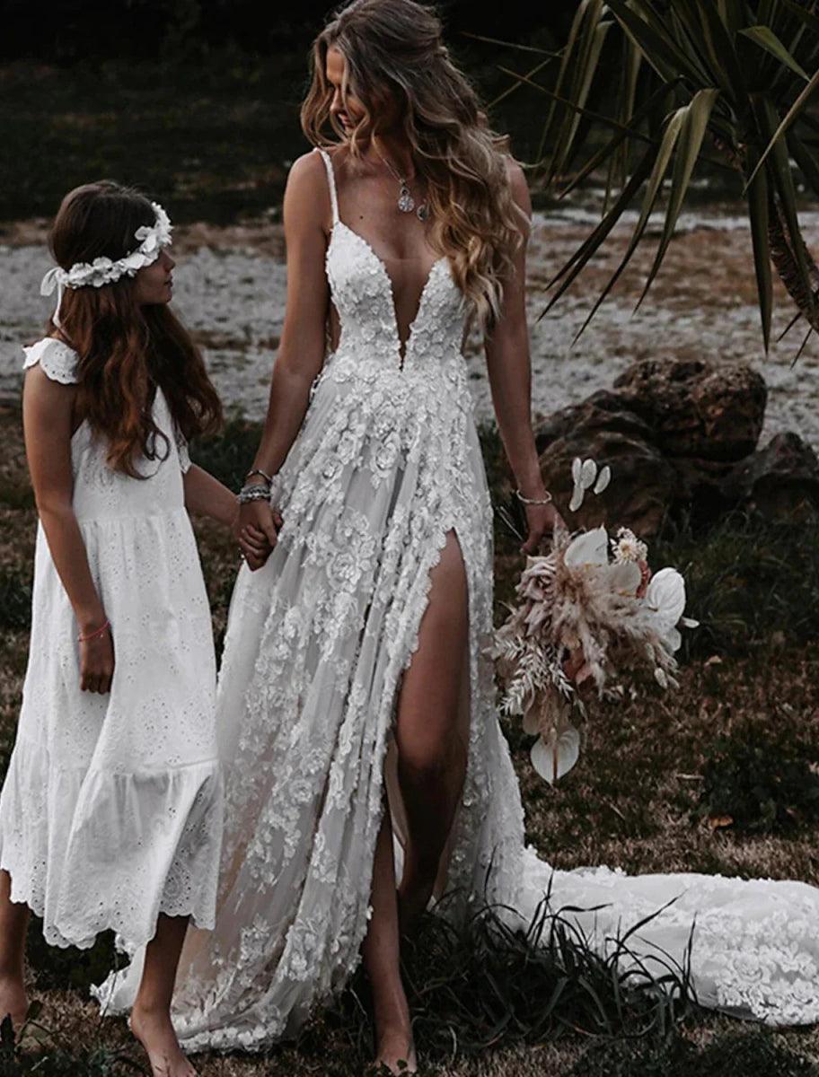 NumberSea - Beach Sexy Boho Wedding Dresses A - Line Sweetheart Camisole Spaghetti Strap Court Train Lace Outdoor Bridal Gowns With Appliques Split Front