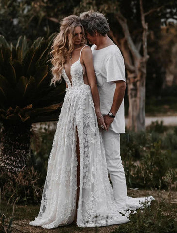 NumberSea - Beach Sexy Boho Wedding Dresses A - Line Sweetheart Camisole Spaghetti Strap Court Train Lace Outdoor Bridal Gowns With Appliques Split Front