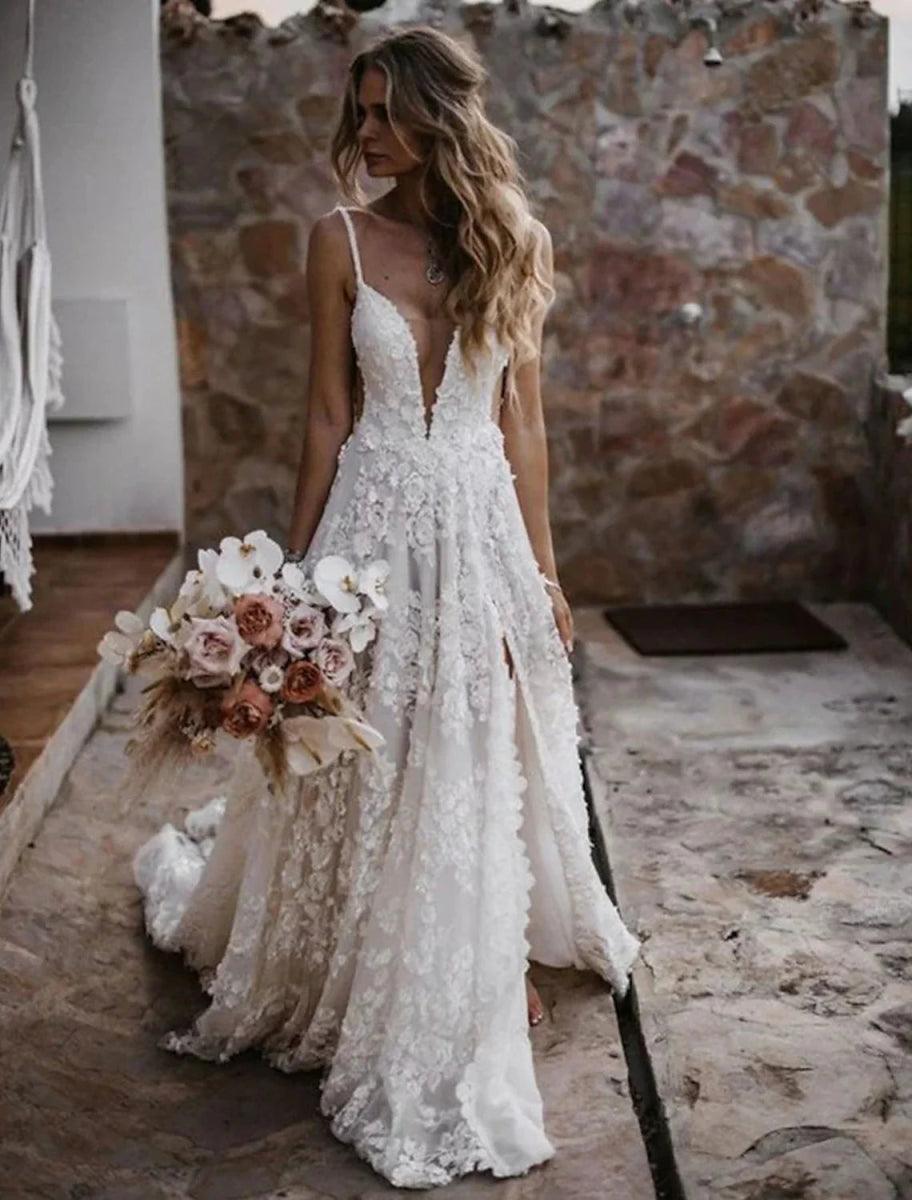 NumberSea - Beach Sexy Boho Wedding Dresses A - Line Sweetheart Camisole Spaghetti Strap Court Train Lace Outdoor Bridal Gowns With Appliques Split Front