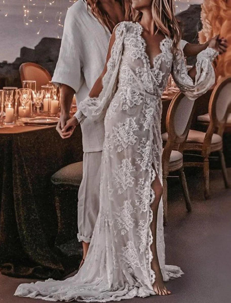 NumberSea - Beach Sexy Boho Wedding Dresses A - Line V Neck Long Sleeve Sweep / Brush Train Lace Outdoor Bridal Gowns With Appliques Split Front Summer Fall Wedding Party