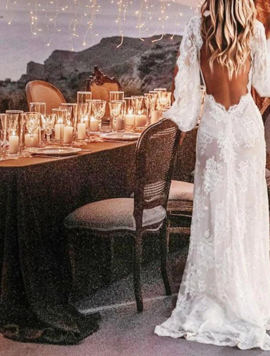 NumberSea - Beach Sexy Boho Wedding Dresses A - Line V Neck Long Sleeve Sweep / Brush Train Lace Outdoor Bridal Gowns With Appliques Split Front Summer Fall Wedding Party