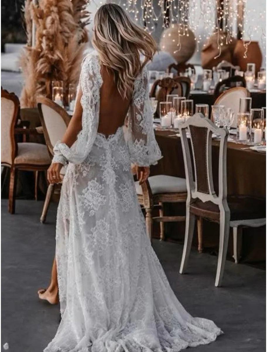 NumberSea - Beach Sexy Boho Wedding Dresses A - Line V Neck Long Sleeve Sweep / Brush Train Lace Outdoor Bridal Gowns With Appliques Split Front Summer Fall Wedding Party