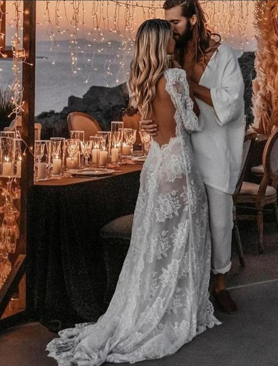 NumberSea - Beach Sexy Boho Wedding Dresses A - Line V Neck Long Sleeve Sweep / Brush Train Lace Outdoor Bridal Gowns With Appliques Split Front Summer Fall Wedding Party