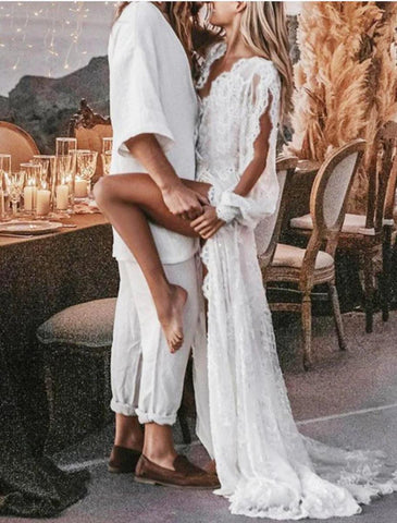 NumberSea - Beach Sexy Boho Wedding Dresses A - Line V Neck Long Sleeve Sweep / Brush Train Lace Outdoor Bridal Gowns With Appliques Split Front Summer Fall Wedding Party