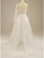 NumberSea - Beach Sexy Boho Wedding Dresses Court Train Sheath / Column Long Sleeve One Shoulder Lace With Split Front