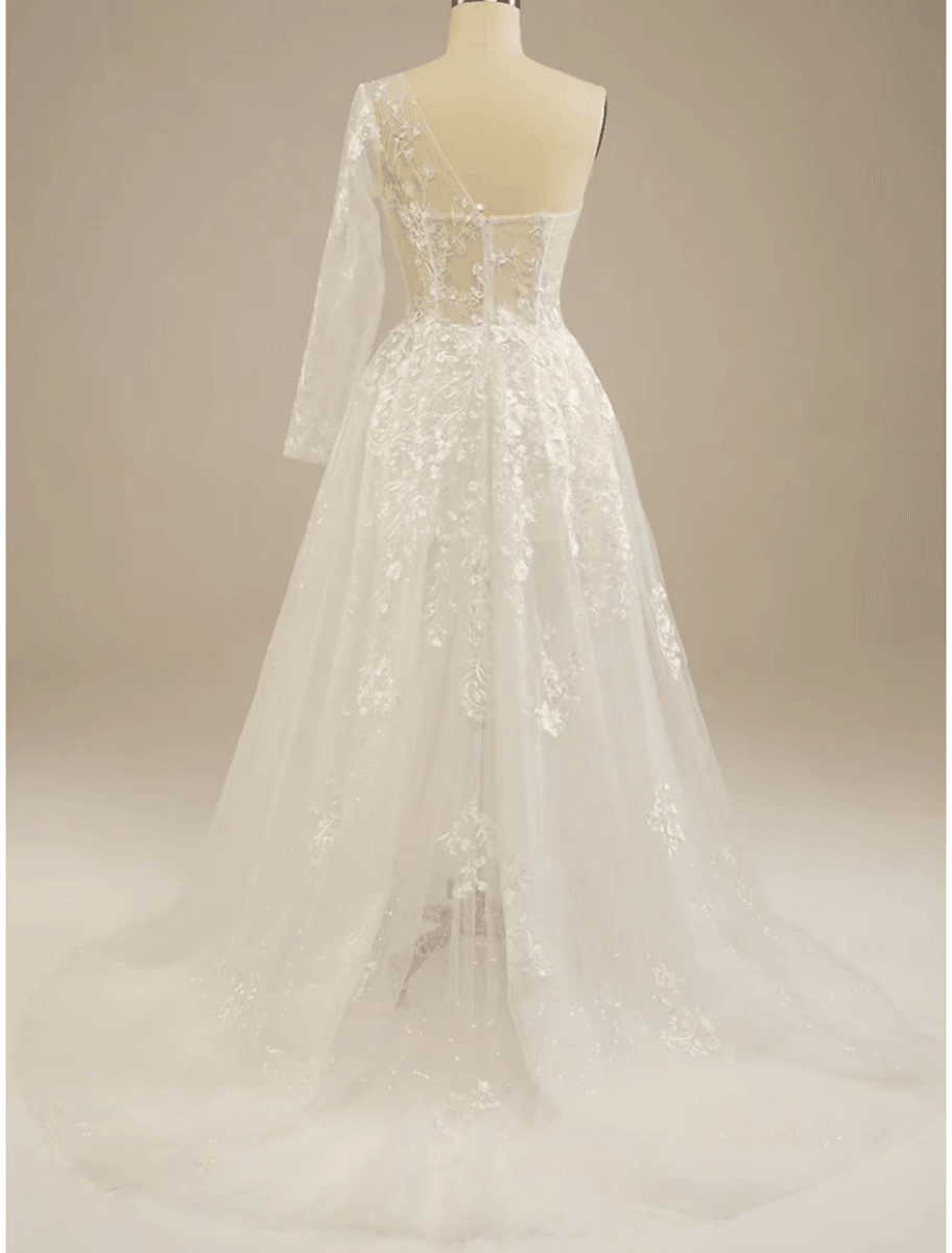 NumberSea - Beach Sexy Boho Wedding Dresses Court Train Sheath / Column Long Sleeve One Shoulder Lace With Split Front
